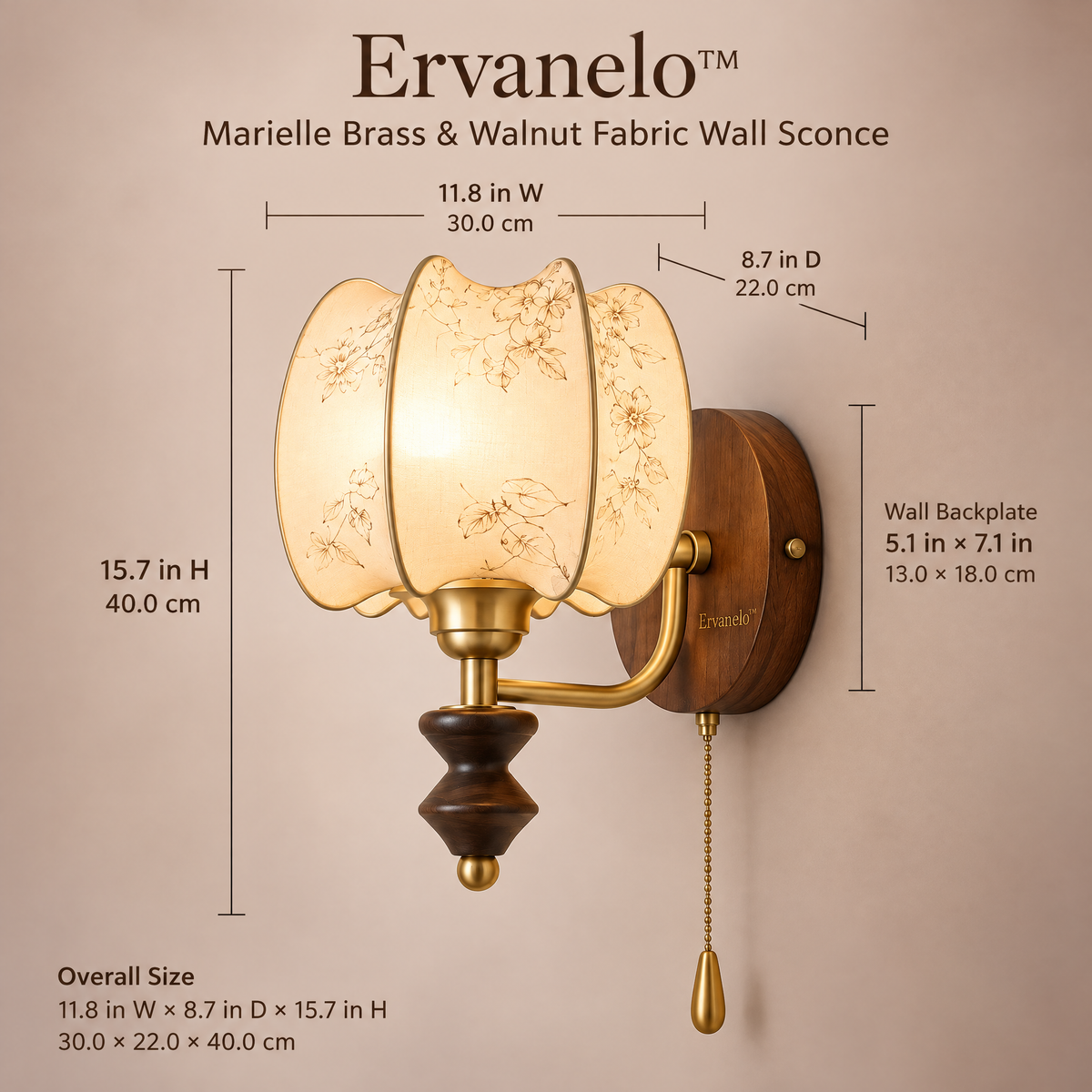 Ervanelo™ Marielle Brass & Walnut Fabric Wall Sconce